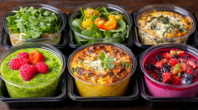 These seven high protein meals display a variety of colorful ingredients. Fresh greens and vibrant fruits create an inviting visual feast, promoting healthy eating habits - Powered by Adobe