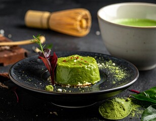 Small Vibrant Green Matcha Dessert or Cake Served on a Dark Stone Plate