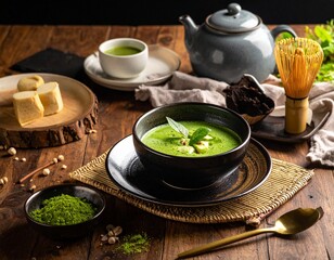Traditional Japanese Matcha Tea Served with Small Sweets in a Zen Setting