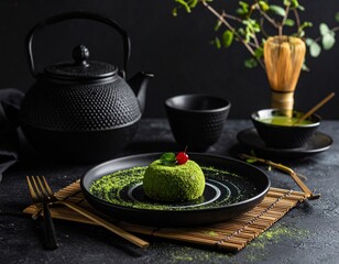 Zen Setting with Matcha Tea and a Small Dark Dessert on a Black Plate
