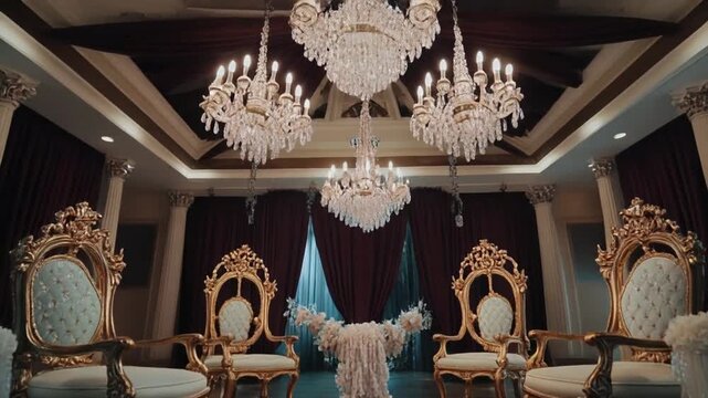 A dramatic front-facing tilt-up shot revealing ornate, royal-style wedding thrones on a decorated stage. Crystal chandeliers shimmer above, adding an extravagant and exclusive wedding ambiance