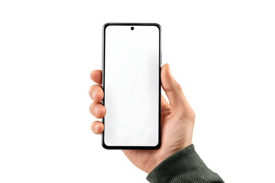 Hand Holding Smartphone Mockup Against Black Backdrop with Transparent Background Display for App or Website Showcase - Powered by Adobe