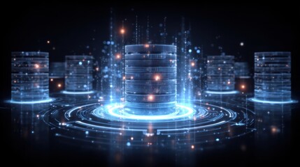 Futuristic visualization of a database hub with program monitoring connectivity and index recovery