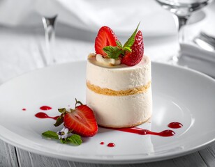 Individual Layered Dessert Cup with Cream Topped with Fresh Sliced Strawberry