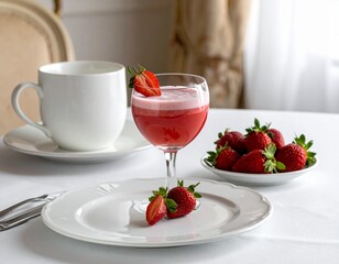 Strawberry Dessert with Sauce Drizzle and Fresh Berries Beside a Small Glass