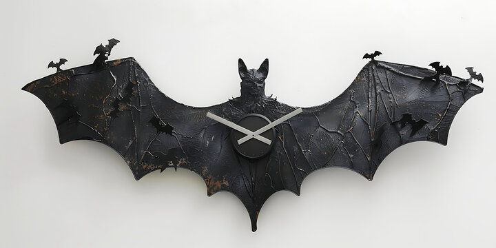 Gothic bat shaped clock with intricate details and small bats adorning wings