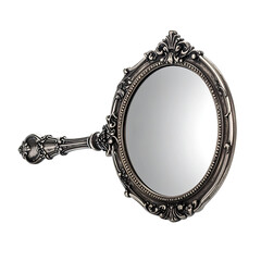 Obraz premium Ornate antique silver hand mirror, oval reflection, detailed filigree design
