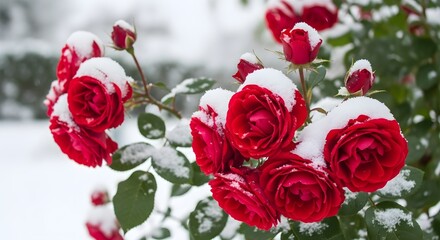 Red roses covered in fresh snow create a beautiful winter floral scene outside