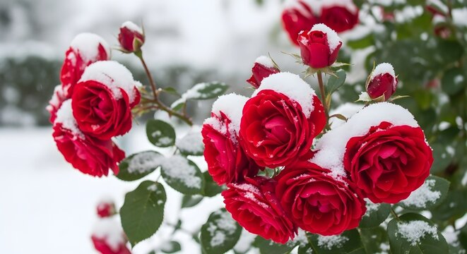 Red roses covered in fresh snow create a beautiful winter floral scene outside - Powered by Adobe