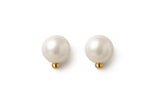 White pearl earrings with gold setting on transparent background