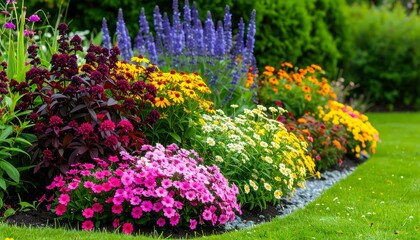 Vibrant mixed flowerbed bordering a manicured lawn