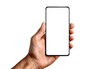 Hand Holding Modern Smartphone with Blank Screen on Isolated Background for Custom Content Insertion