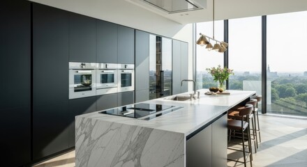 Luxury modern kitchen boasting sleek design, marble island, and breathtaking city views, perfect for upscale lifestyle and real estate marketing campaigns