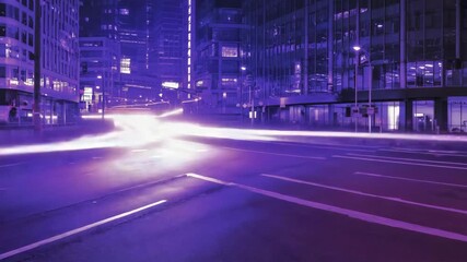 Neon purple city street at night with light trails from passing cars and illuminated modern - Powered by Adobe