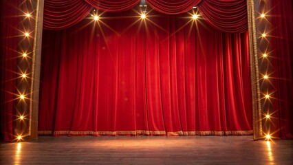 Classic theater stage with luxurious red velvet curtains gold trim and bright spotlights for performance.