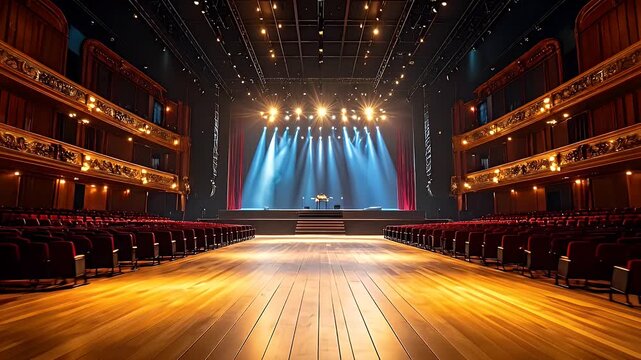 Grand Theater Stage With Rows Of Seats And Dramatic Lighting Before A Performance