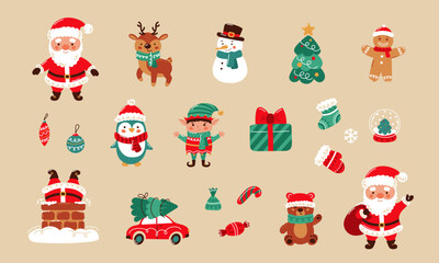 A set of colorful hand-drawn Christmas and New Year doodle elements. Santa Claus, an elf, a snowman, gingerbread man, candy, a penguin, and a teddy bear. Vector illustration.