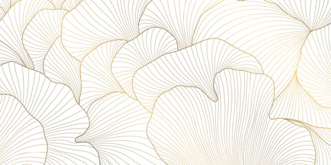 Fototapeta premium Luxury vector gold leaf pattern, elegant linear foliage, palm motifs, delicate floral elements background. Botanical nature wave illustration