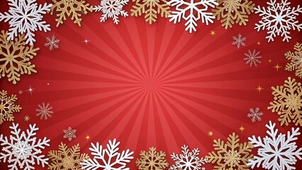 Festive Christmas background with red radial sunburst and border of gold and white snowflakes.