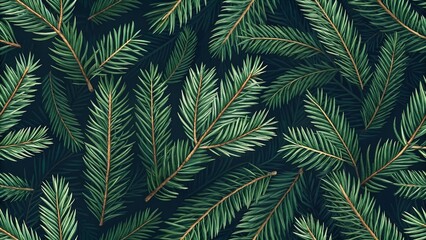 Seamless christmas new year pattern with overlapping dark green pine fir branches background texture.