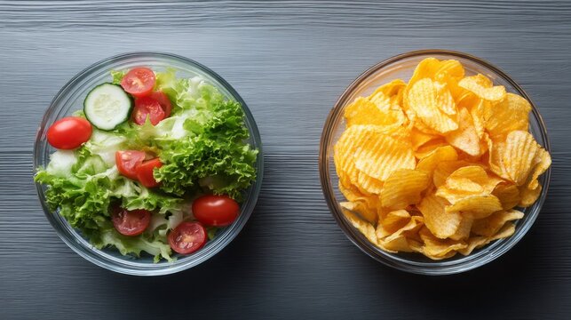 A vibrant fresh salad filled with green lettuce, juicy cherry tomatoes, and crunchy cucumber sits next to a bowl of golden potato chips. This scene highlights a healthy food choice