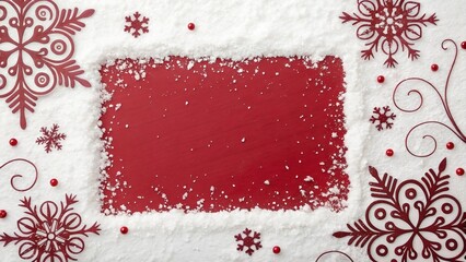 Festive red Christmas background with a snowy border and decorative paper snowflakes.
