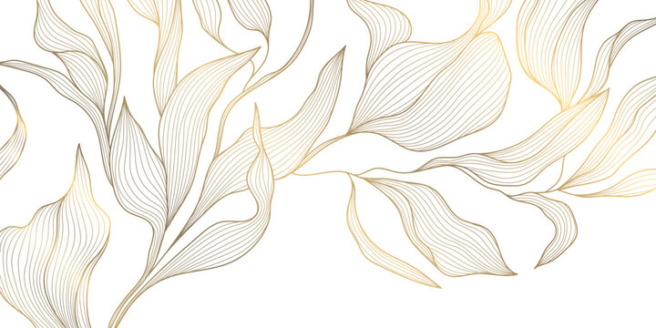 Luxury vector gold leaf pattern, elegant linear foliage, palm motifs, delicate floral elements background. Botanical nature wave illustration