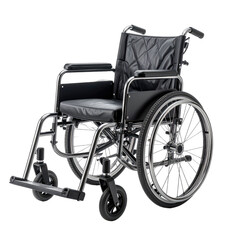 Fototapeta premium Silver wheelchair, black seat and back, tires, armrests, for disabled, isolated