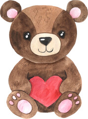 Watercolor hand painted cute love little bear isolated clipart, perfect for Valentine's day card or romantic love post cards