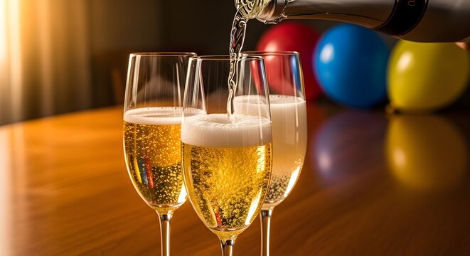 macro close-up of sparkling drink poured into clear glasses on a birthday table. Bubbles rise in golden light, reflections of balloons in background, 4K HDR festive tone.
