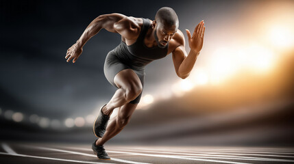 A dedicated athlete bursts forward on the track during a national running event, showcasing incredible speed and focus against a dramatic backdrop of glowing stadium lights