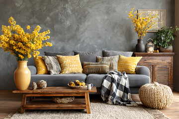 The stylish boho compostion at living room interior with design gray sofa, wooden coffee table, commode and elegant personal accessories. Honey yellow pillow and plaid. Cozy apartment. Home decor