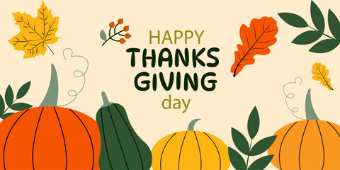 Happy Thanksgiving day banner with autumn harvest. Vector illustrations