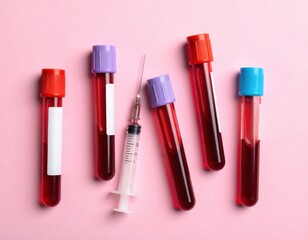 Obraz premium Blood samples in test tubes with syringe on pink background