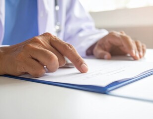 Doctor reviewing medical records with a pen, healthcare concept