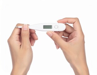 Hands holding a digital thermometer, isolated on a white background