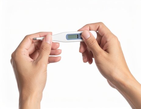 Hands holding a digital thermometer on a white background