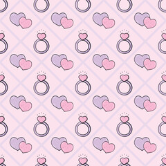Ring and hearts decorative frames on a pink and purple background. Cute Valentine seamless pattern for clothing, fabric, wallpaper, backdrop, home decoration, and cover book.