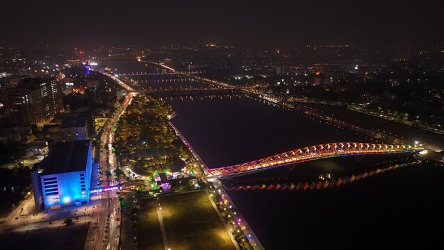Atal Bridge, Ahmedabad City, Night Aerial View, Ahmedabad, Gujarat, India.