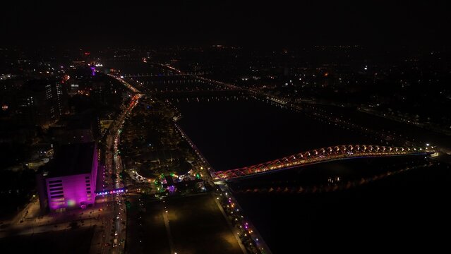Atal Bridge, Ahmedabad City, Night Aerial View, Ahmedabad, Gujarat, India.