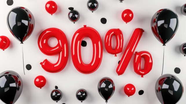 Red and black balloons surround a large red '90%' sign on a white background. The scene conveys a festive atmosphere, suitable for promotions or celebrations.