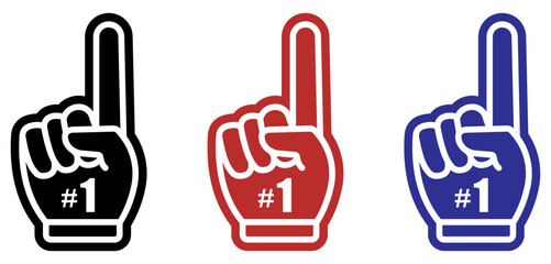 Bold foam finger hand sign showing the number one gesture for sports fans, team support, cheering, competition, and victory themes. Clean outline style suitable for sports, events, foam, finger, hand.