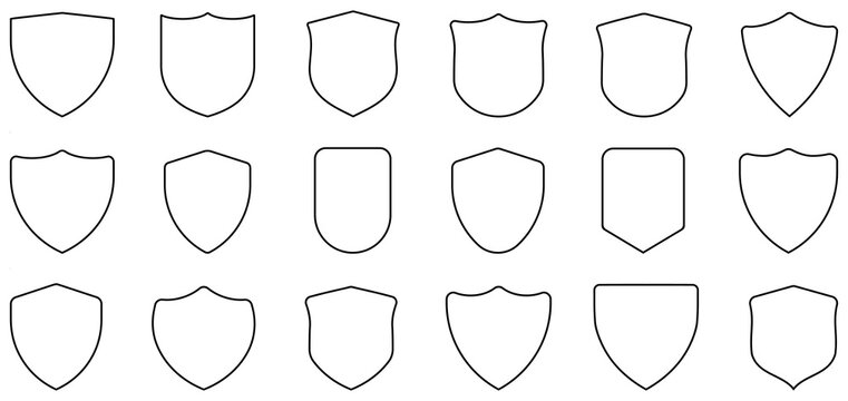 Clean shield outline set featuring multiple badge shapes ideal for security, defense, privacy, guard, and protection themes. Perfect for UI, apps, digital interfaces, shield, badge, guard, vector.