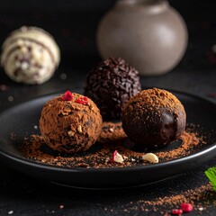 Artful Display of Dark Chocolate Truffles on a Plate with Cocoa Powder Dusting