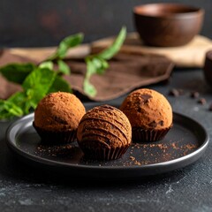 Dark Chocolate Truffles Dusted with Cocoa Powder Served on a Small Plate