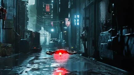 Cyberpunk drone flying through dark futuristic alley - Powered by Adobe