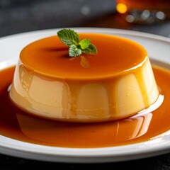Classic Cr&egrave;me Caramel Flan Dessert Garnished with a Fresh Green Mint Leaf