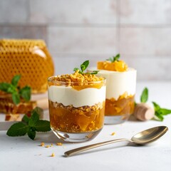 Mini Cheesecakes Topped with Honeycomb and Mint Served on Small Stand