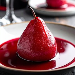 Artfully Plated Poached Pear in Deep Red Wine Syrup