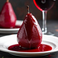 Elegant Single Poached Pear Served Upright in a Shallow Bowl of Red Wine Syrup